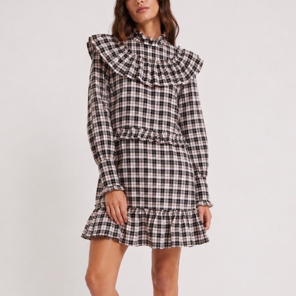 GANNI‎ Charron Gingham Mini Dress Womens 36 Small Pink Black Plaid Ruffle